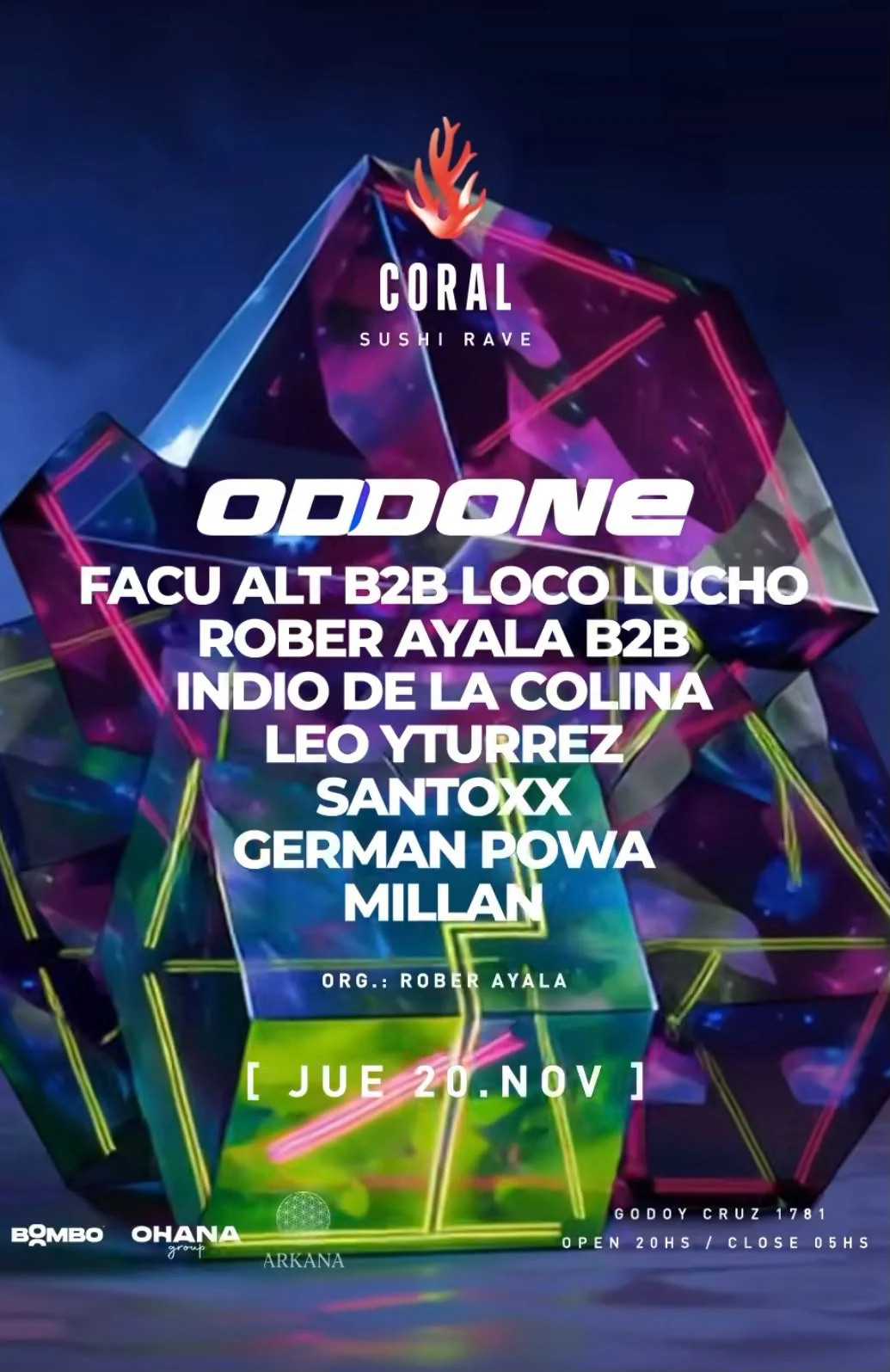 Flyer Coral Sushi Rave con Facu Alt b2b Loco Lucho en el line up.